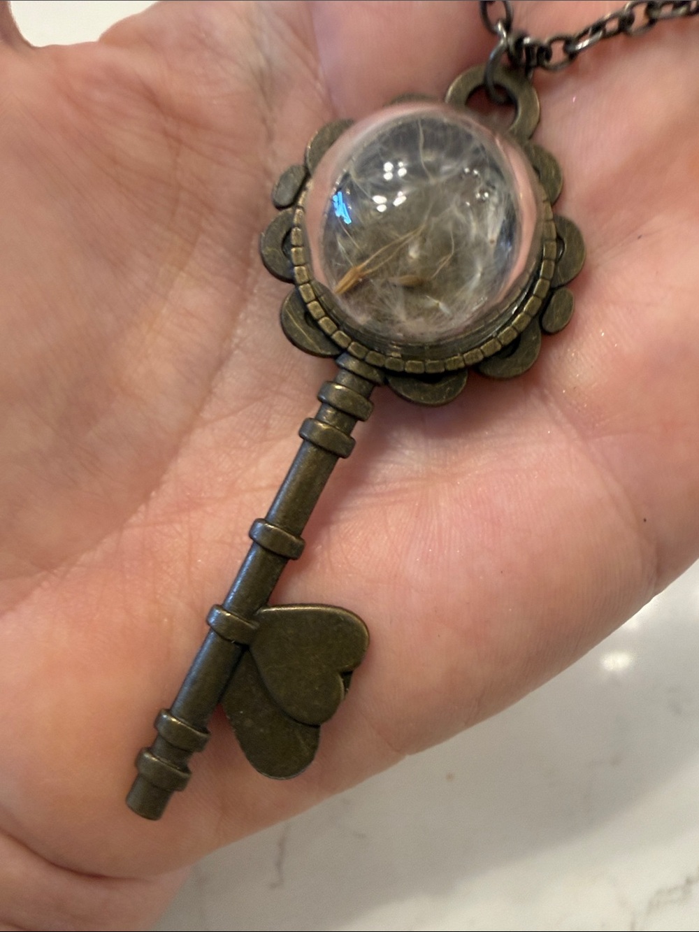 Vintage-Style Heart Key Pendant Necklace in Antique Brass with Clear Dome